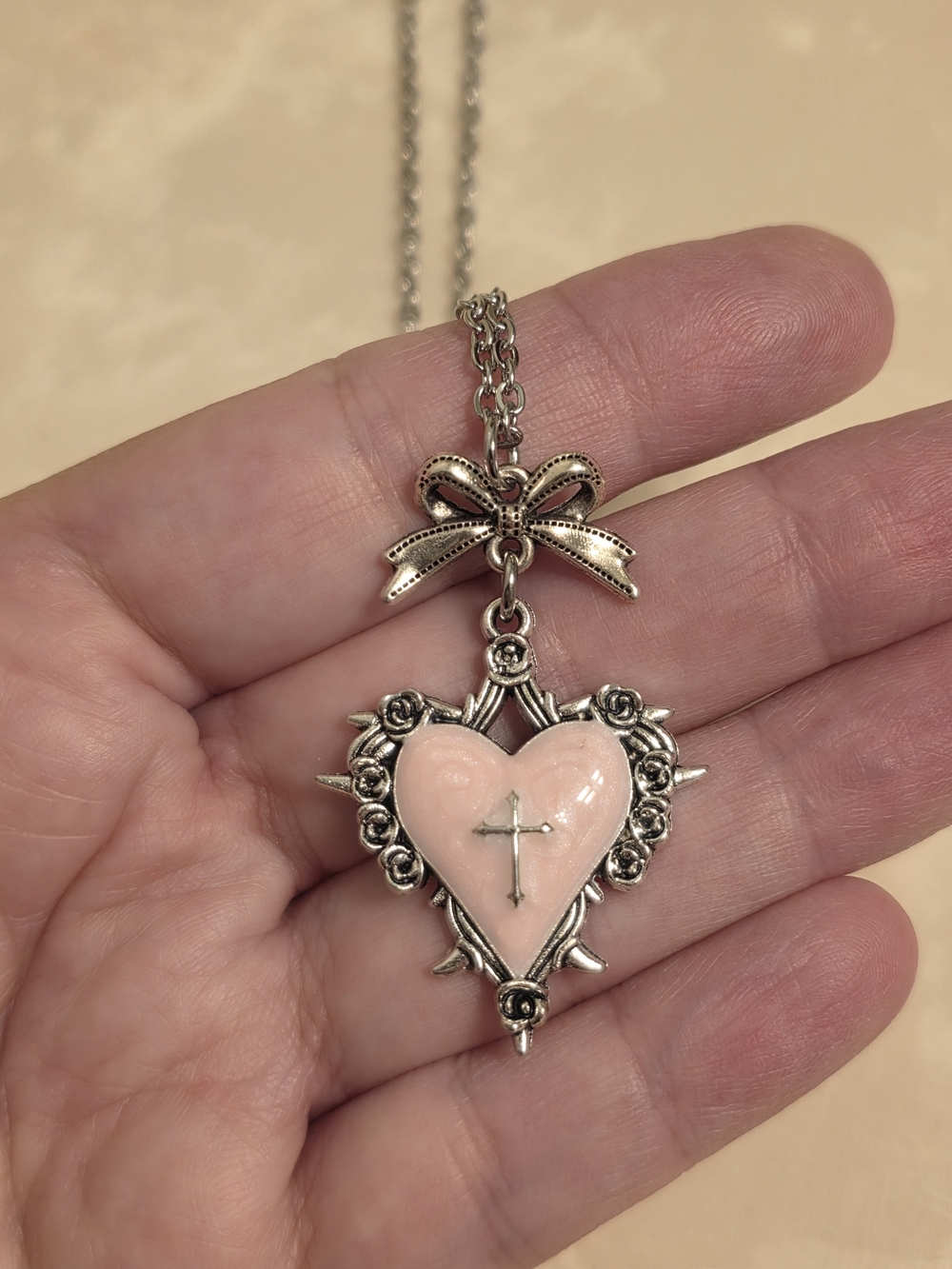 Silver Pink Heart Gothic Style Cross Pendant Necklace